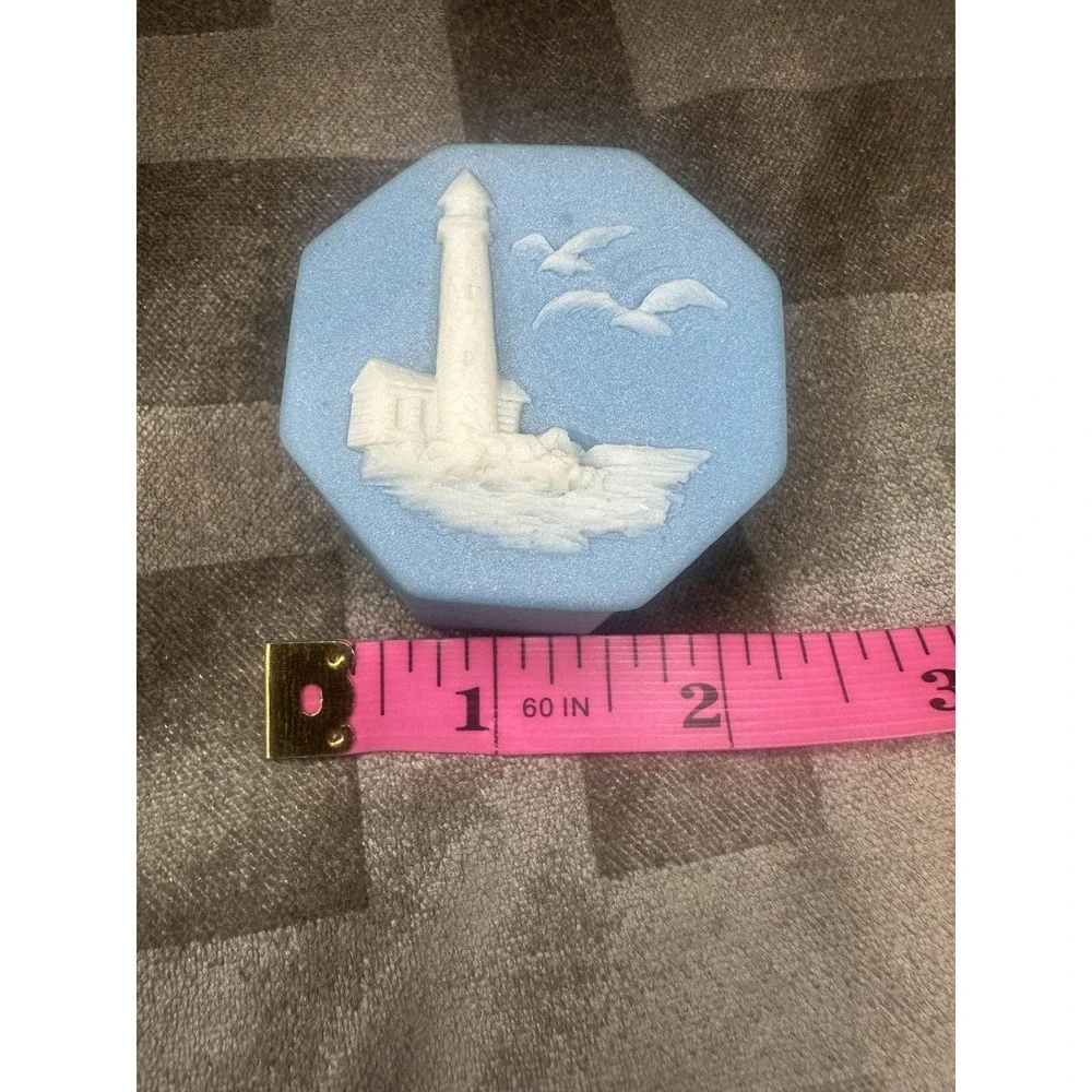 Vintage 1974 Lighthouse Trinket Box Cast Alabaster Stone Coastal Decor‎ USA